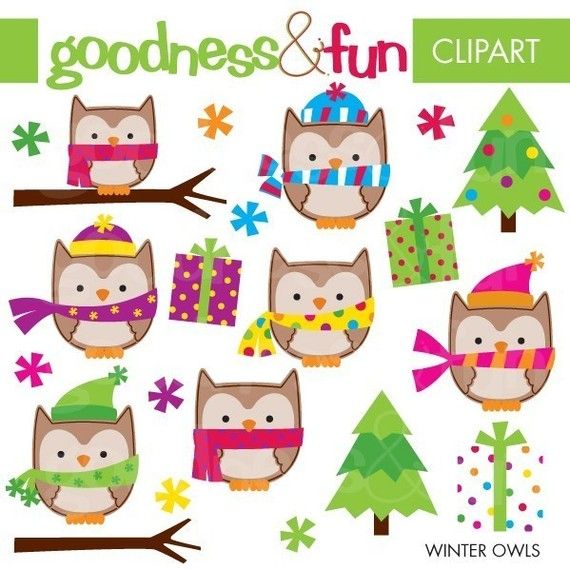 Winter Owls Clipart  Digital Owl Christmas Clipart   Instant Download