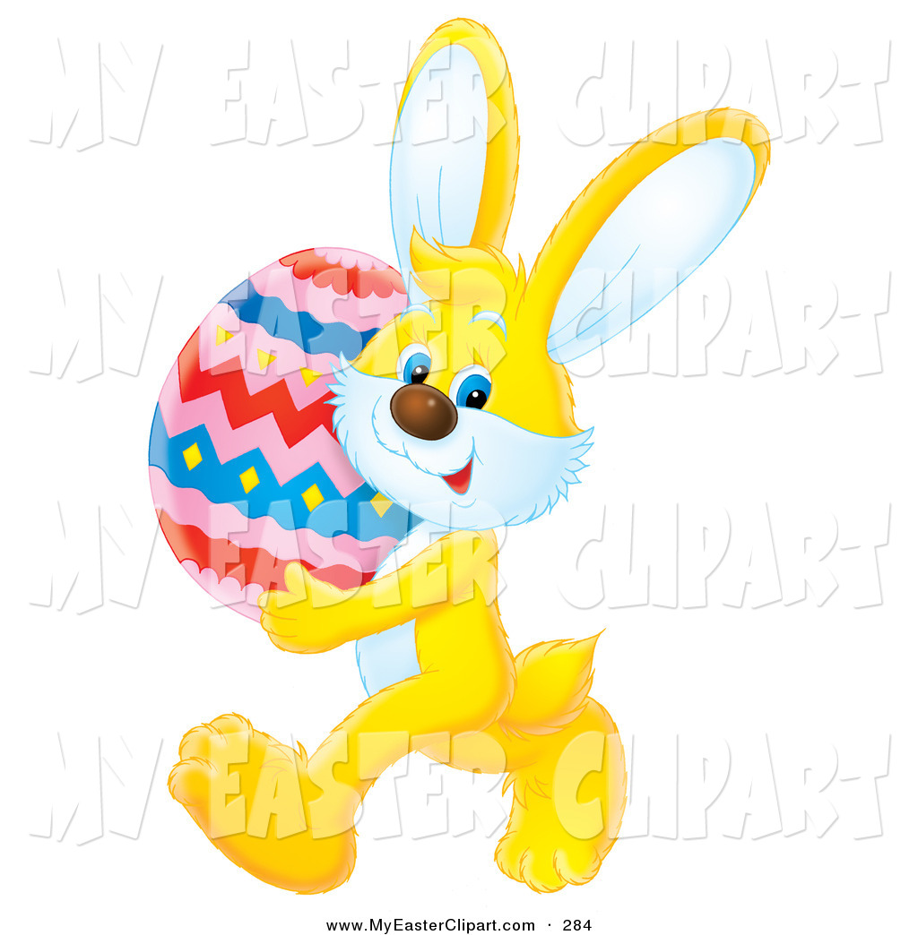 Clip Art Of A Cute Yellow Easter Bunny Carrying A Big Colorful Easter