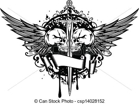 Clipart Vector Of Two Skulls Wings And Sword   Vector Illustration