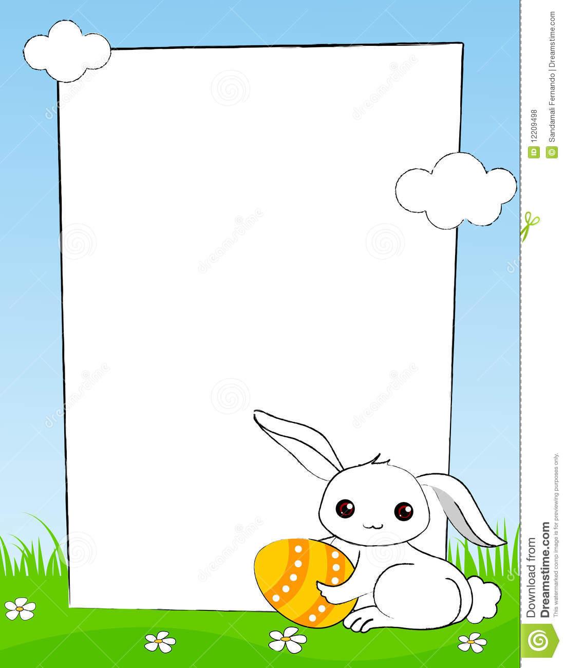 Cute Little Easter Bunny With A Painted Easter Egg On Cloudy Blue Sky    