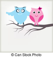 Two Cute Owls On The Tree Branch Vector Clip Art