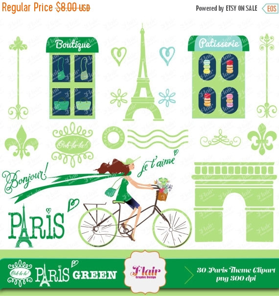 50  Off Ooh La La  Paris  Green Digital Clipart Vacation Getaway    