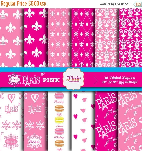 50  Off Ooh La La  Paris  Pink Digital Paper Fleur De Lis French    
