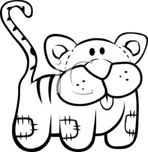 Black And White Cartoon Of A Plush Stuffed Cat   Royalty Free Clipart