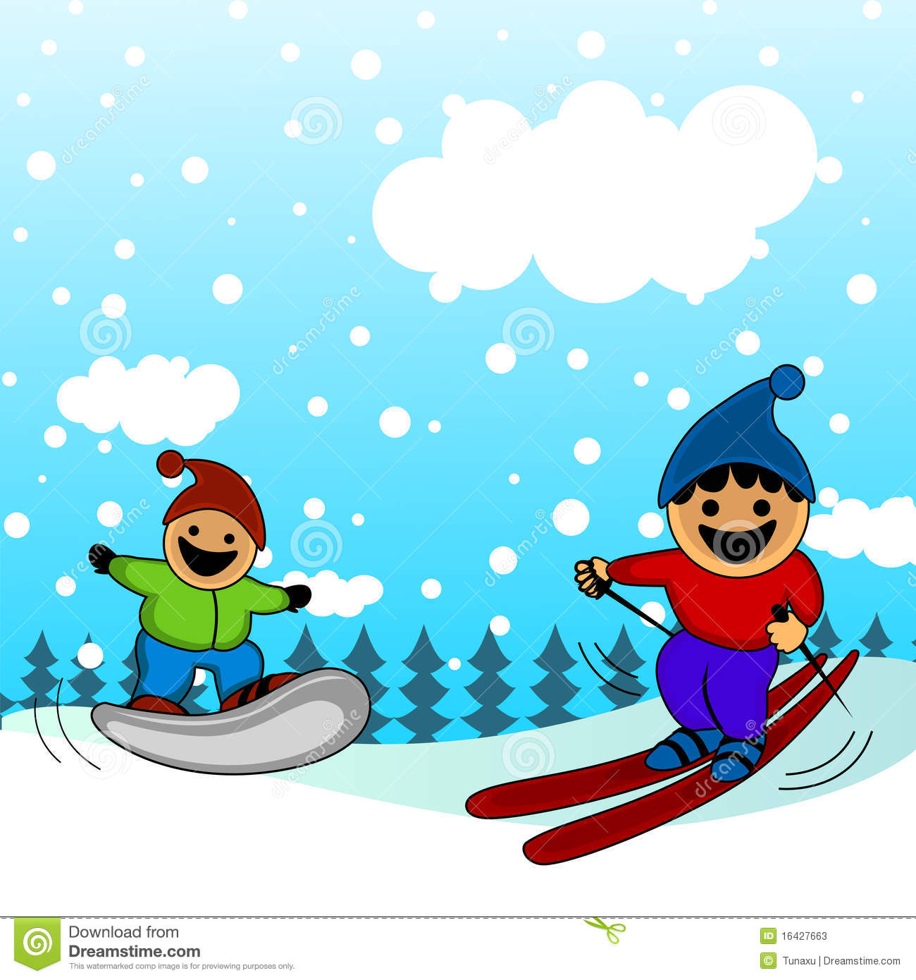 Cartoon Kids Skiing Background Vector 