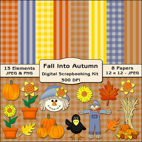Digital Scrapbooking Kit   Fall Background Papers   Elements   Clipart