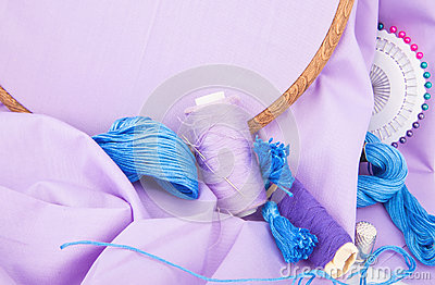Embroidery Tools Thread Needle Hoop And Fabric In Violet Color