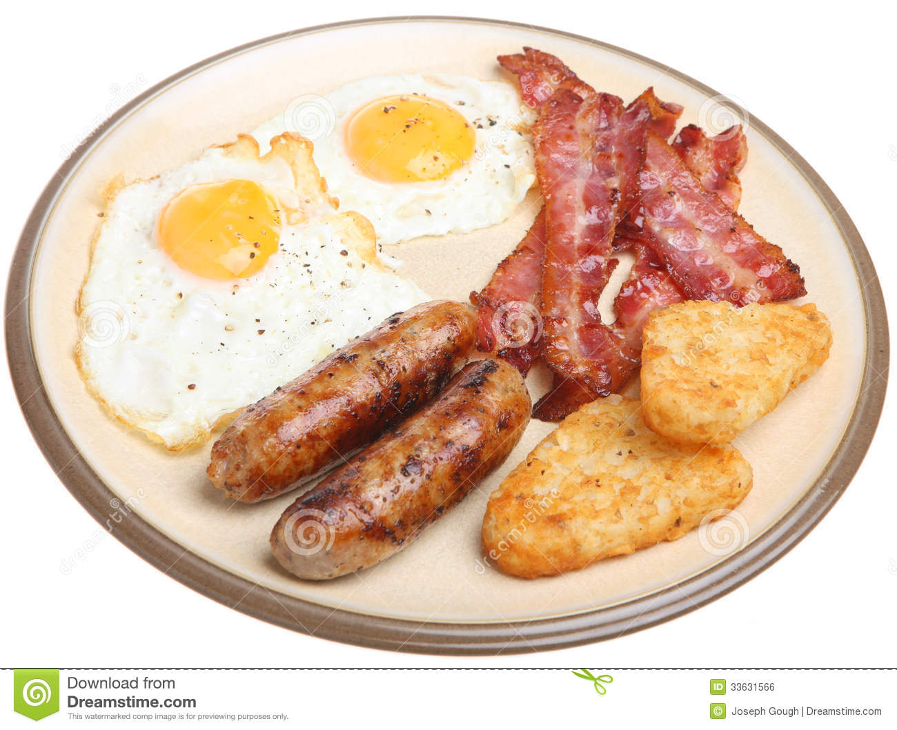 English Fried Breakfast With Eggs Sausages Bacon And Hash Browns 