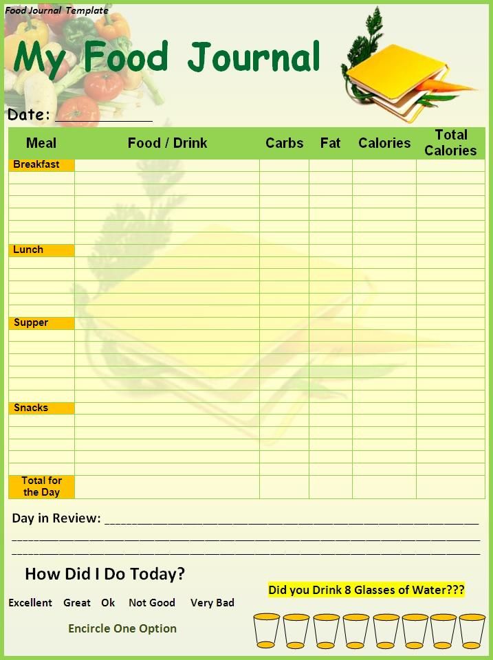 Food Diary Template Printable   Food Journal Template   Templates