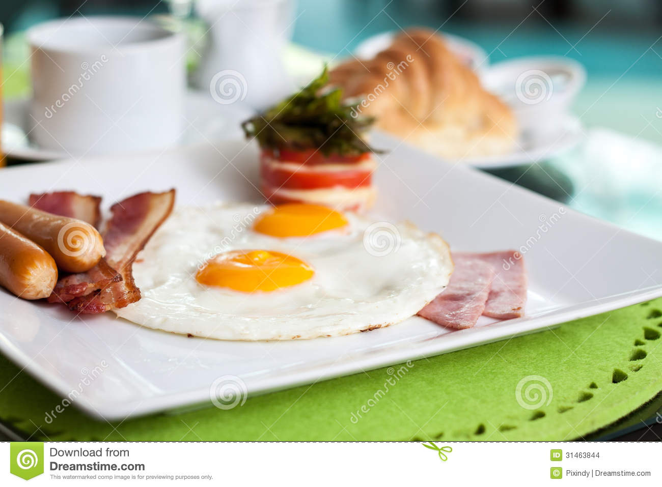 Fried Eggs With Sausage Bacon Ham And Tomato Cheese Stock Images    