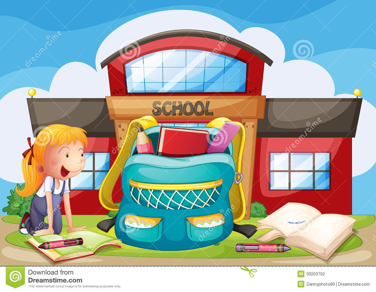 Girl With Her School Supplies In Front Of The School Building Stock