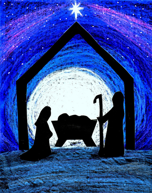 Out Silhouetted Nativity Scene Against The Backdrop Of A Starry Sky