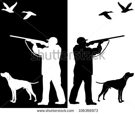 Silhouettes Hunter With A Dog On A White Background And Black   Stock    