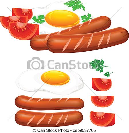 Vector   Fried Eggs Sausage And Tomato   Stock Illustration Royalty
