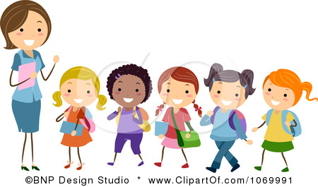 1069991 Clipart Female Teacher And A Line Of Diverse Stick Students