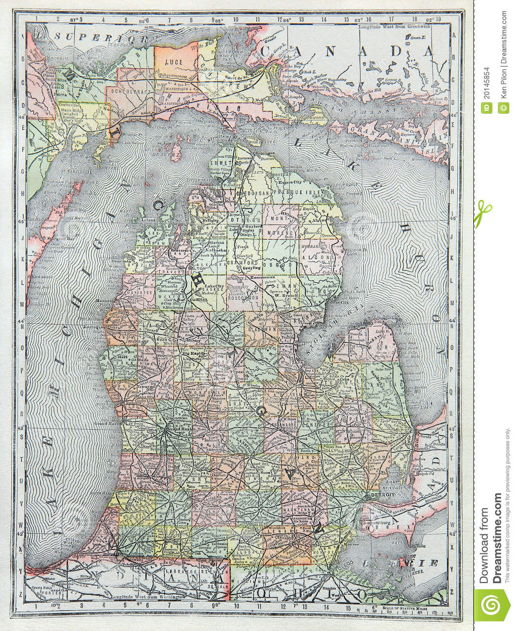 Antique State Map Of Lower Michigan Usa As Printed In 1889  Map 2 Of