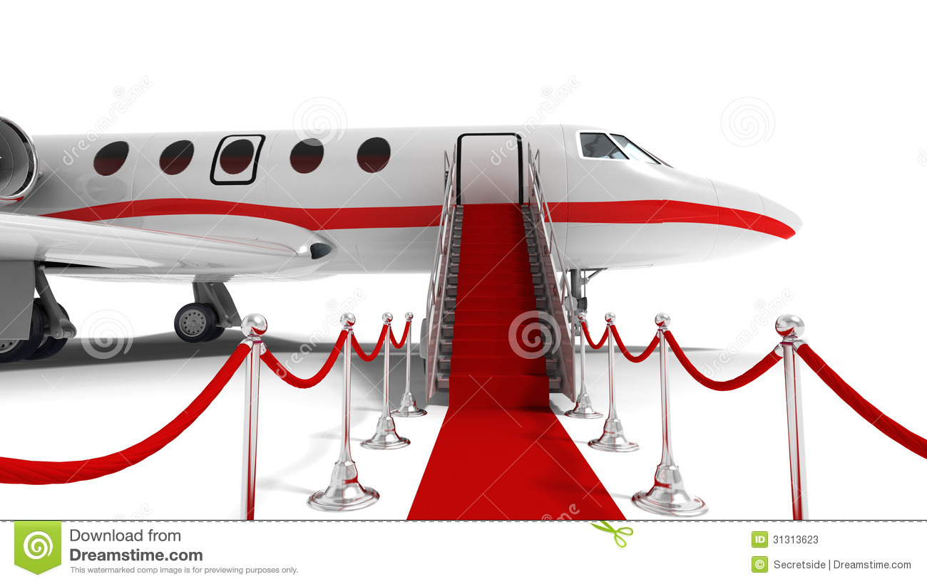 Business Jet And Red Carpet On White Background