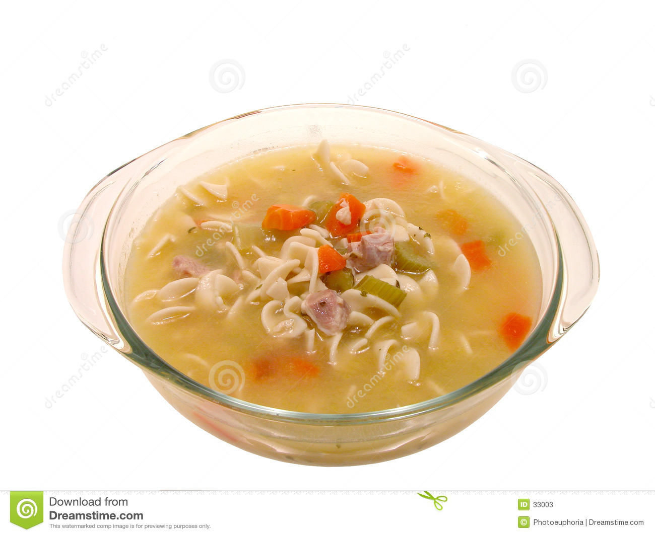 Chunky Chicken And Vegetable Soup In A Glass Cooking Dish  Isolated On