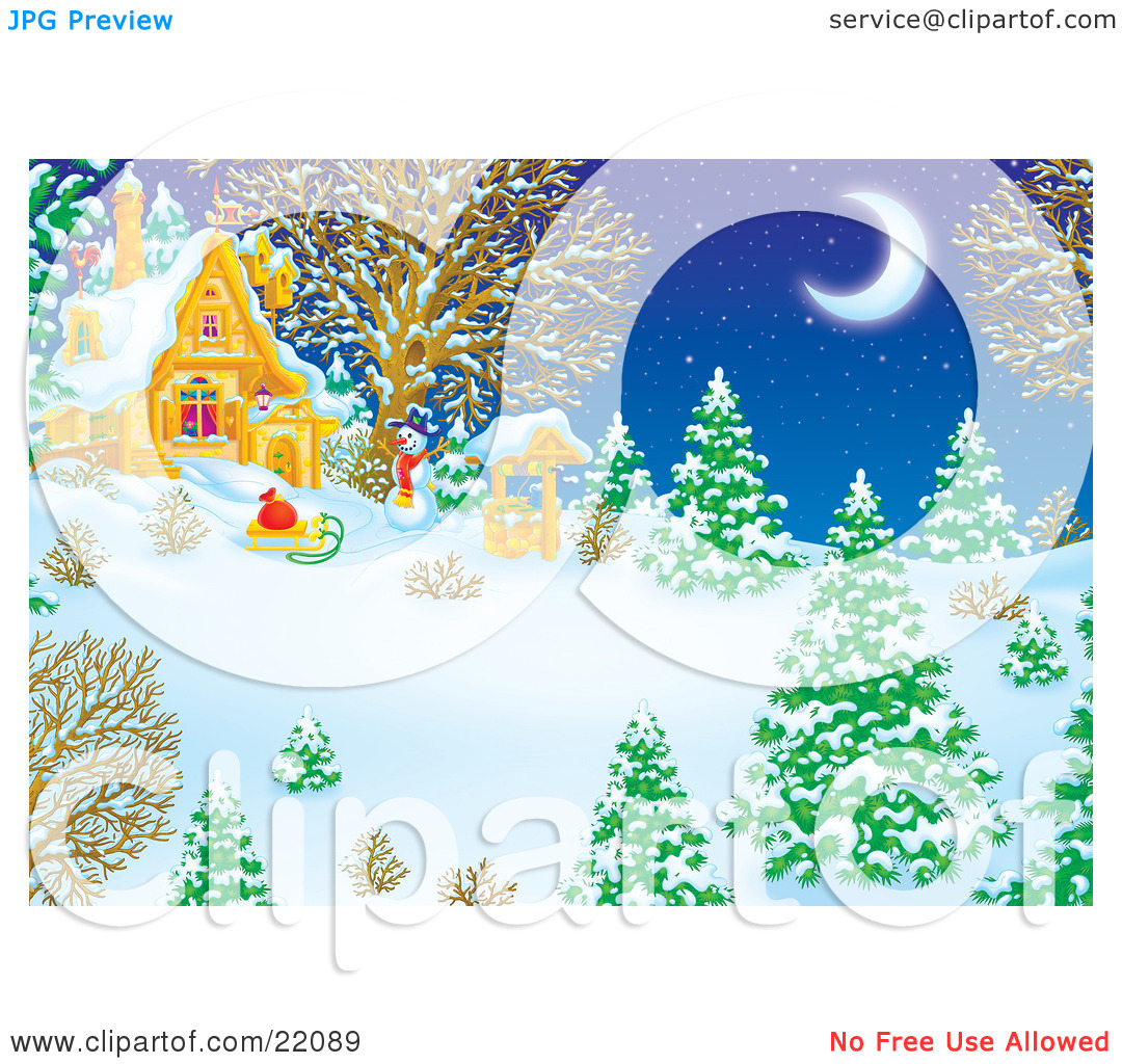 Clipart Illustration Of A Winter Wonderland Of Snow Flocked Evergreen