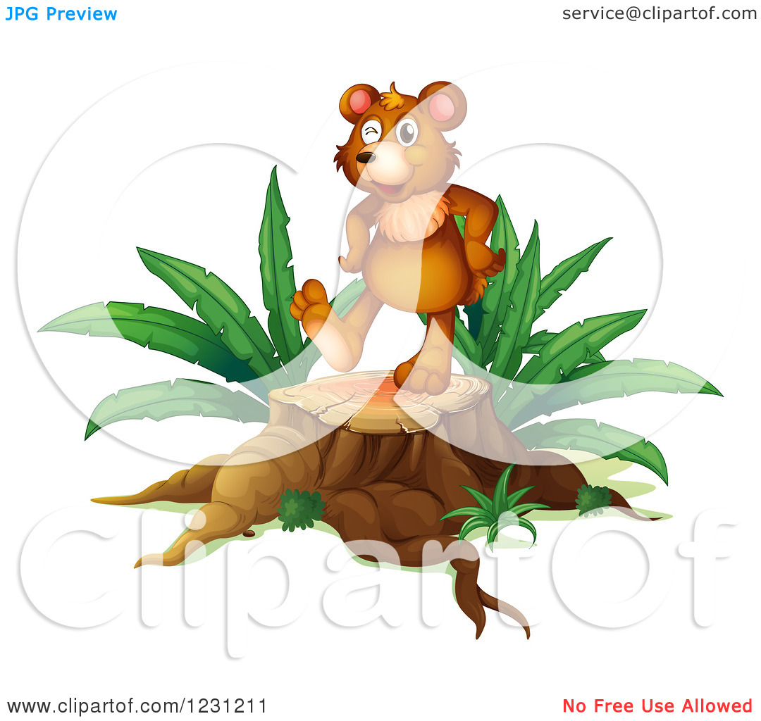Clipart Of A Bear On A Tree Stump   Royalty Free Vector Illustration