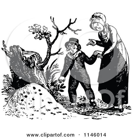 Clipart Of A Retro Vintage Black And White Mother And Son By A Tree