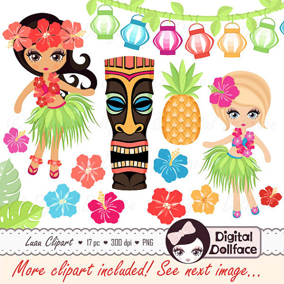 Hawaiian Luau Clipart   Hula Girl Hibiscus Tiki By Digitaldollface