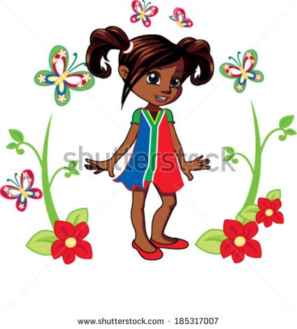 Little African American Girl With Ponytails In A Garden With