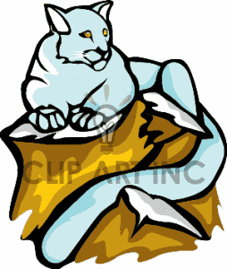 Royalty Free White Snow Leopard Resting On Tree Stump Clipart Image