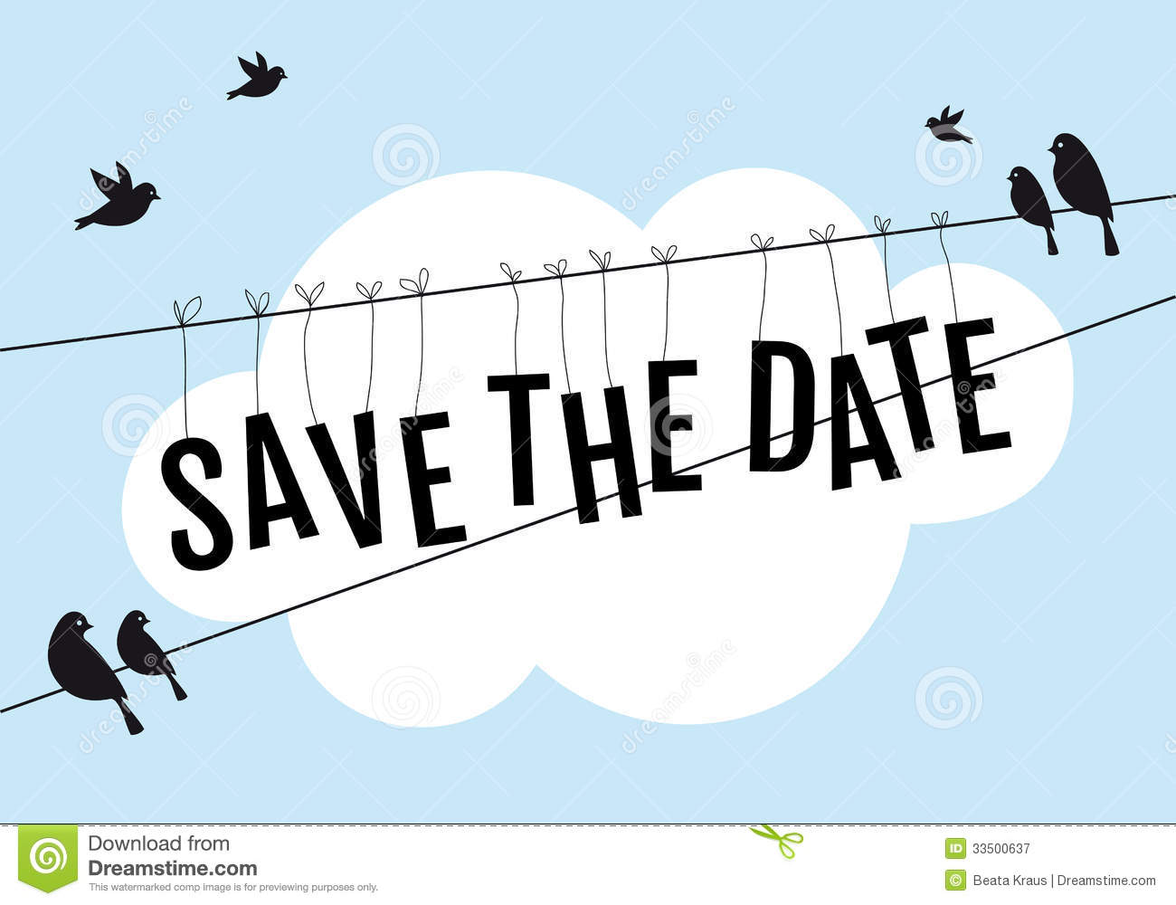 Save The Date Birds Sitting On Wire In Blue Sky Vector Background    