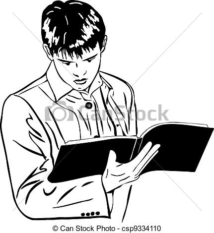 Vector   Sketch Of Boy Attentively Reading A Large Notebook   Stock