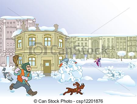 Vectors Illustration Of Winter City   Winter Yard With Janitor Dog