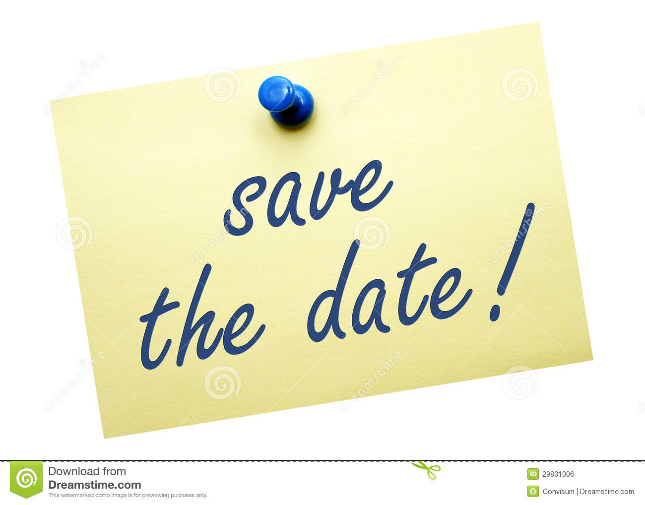 Yellow Post It Note With Blue Push Pin And The Words Save The Date 