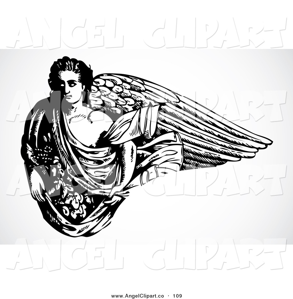     Art Of A Black And White Strong Male Angel With Long Wings On White