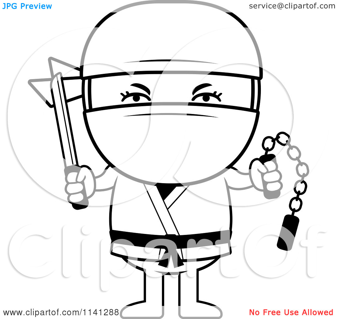 Cartoon Clipart Of A Black And White Ninja Boy With Weapons Vector