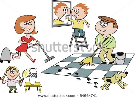Cartoon Of Smiling Family Cleaning House Along With Pet Dog  Stock    