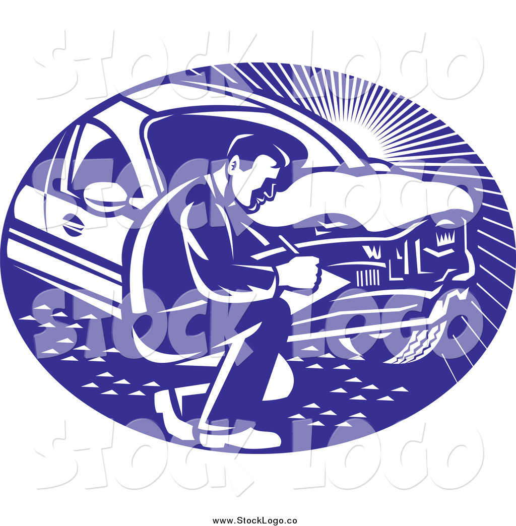 Clipart Of A Logo Of A Retro Insurance Adjuster Crouching By A Damaged