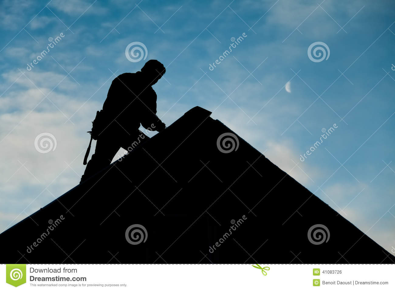 Contractor In Silhouette Working On A Roof Top Stock Photo   Image
