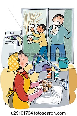 Father Mother And Child Cleaning Their House Together At End Of Year