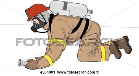 Firefighter In Full Protective Gear Crawling Along The Floor Under The    