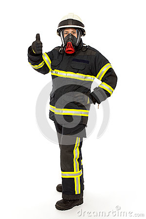 Firefighter With Mask And Protective Suit Isolated On White Background    