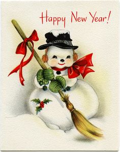 Vintage Snowman New Year Greeting Card Graphic