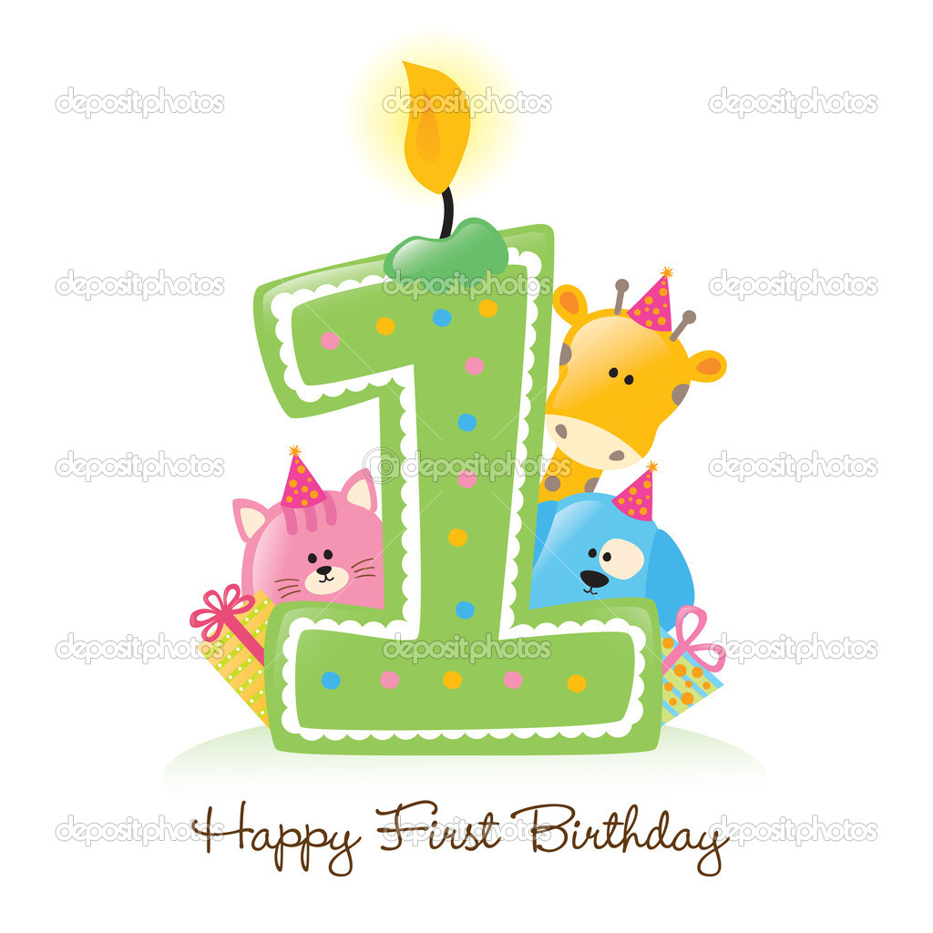 Happy First Birthday Candle And Animals   Stock Vector   Wetnose