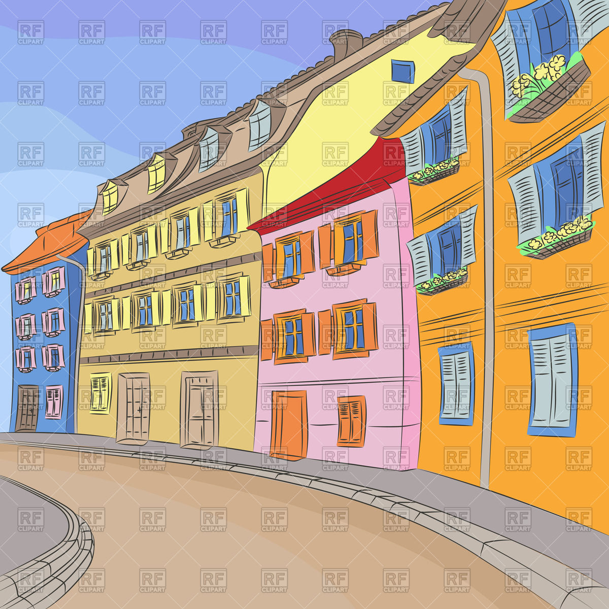 Street With Colorful Houses Download Royalty Free Vector Clipart  Eps