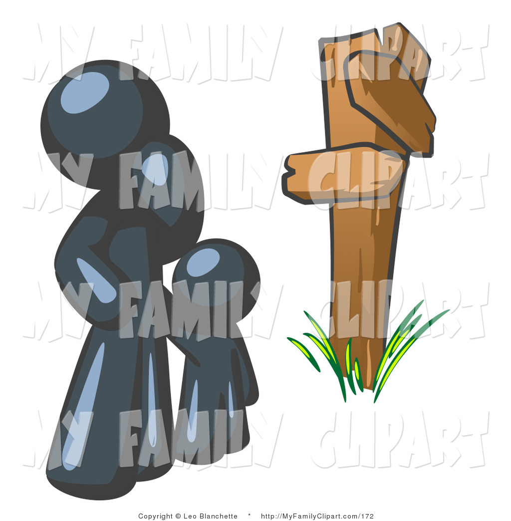 Uncertain Navy Blue Parent And Child Standing At A Wooden Post Trying