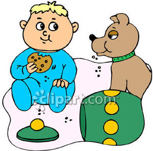 Baby Boy And A Dog Eating Cookies Royalty Free Clipart Picture
