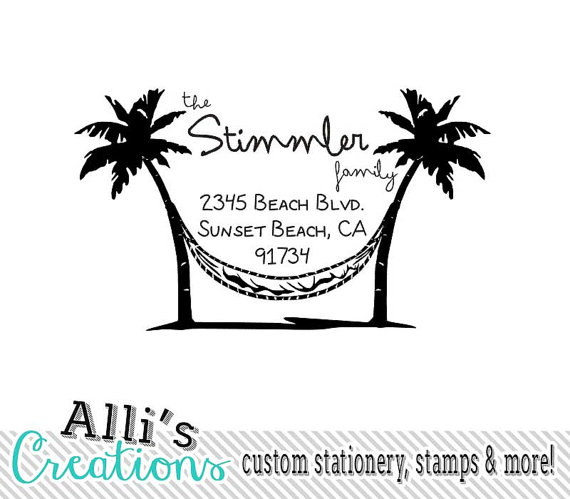 Beach Theme Return Address Stamp   Self Inking Hammock Palm Tree Stamp