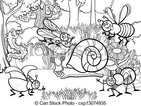 Black And White Cartoon Illustration Of Funny Insects Or Bugs On The