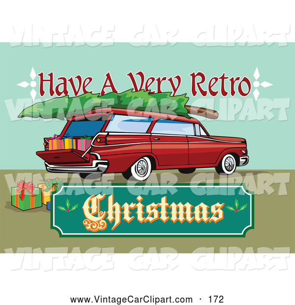Clipart Of A Red Retro Station Wagon With Presents A Tree And A