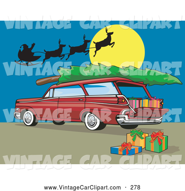 Clipart Of An Old Fashioned Retro Red Station Wagon With A Christmas