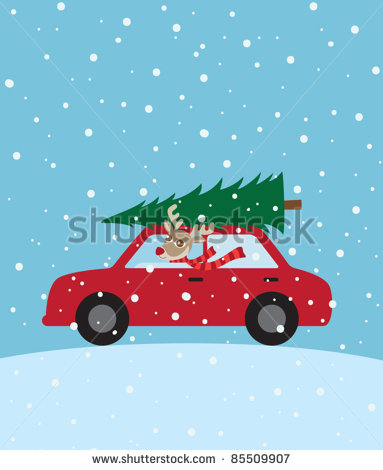 Reindeer Riding A Car With Christmas Tree On The Roof    Stock Vector